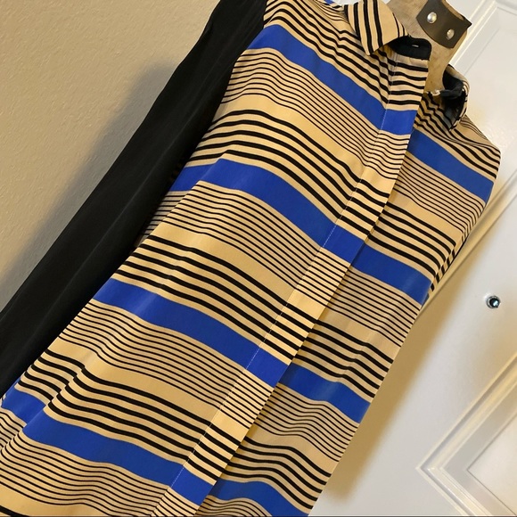 Sea NY Blue, Tan, Black Striped Silk Button Up Long Sleeve Top Shirt Blouse - Picture 2 of 10